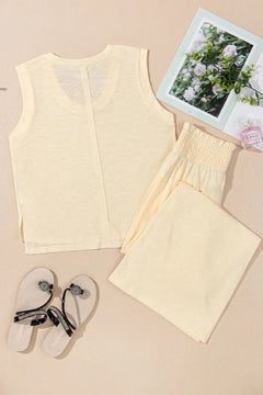 Solid Color Tank Top and Smocked Waist Pants Set