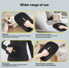 chart with 4 pictures of person using grooming gloves to get pet hair off furniture, clothes, and pets