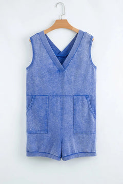 Mineral Wash Pocketed Sleeveless V Neck Loose Romper