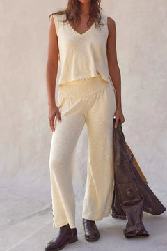 Loose and comfy tank top with matching wide leg pants, 5 buttons down the legs from midi calf to ankles