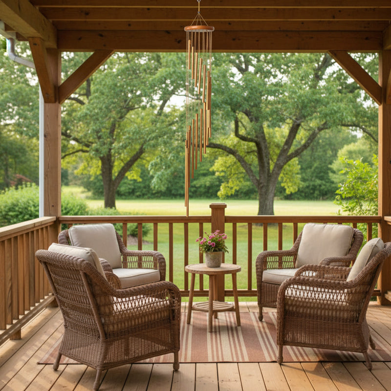 Gold metal and wood wind chime hanging from porch rafters with cozy sitting area and trees in the yard beyond