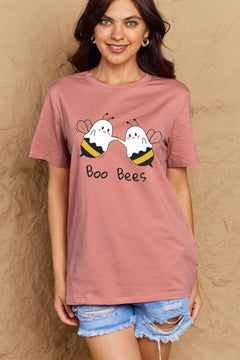 A pink t-shirt with 'Boo Bees' written on the front and the picture on the chest above is two yellow and black bees dressed in ghost costumes flying facing each other and touching 'hands'