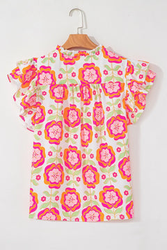Floral Ruffled Sleeve Ric-Rac Trim Split Neck Loose Blouse