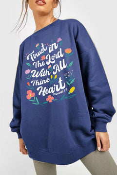 Navy blue sweatshirt with quote Trust in The Lord With ALL Thine Heart Proverbs 3:5 and floral design 