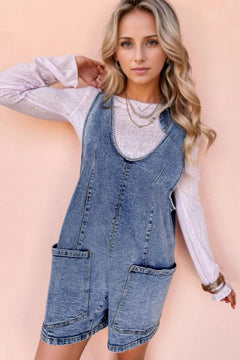 U Neck Patched Pocket Denim Overall shorts. Big front pockets on the thighs and faded blue with double stitched hem and trimming. 