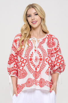 Embroidered Cotton V neck Half Puff Sleeve Top with Tie-0