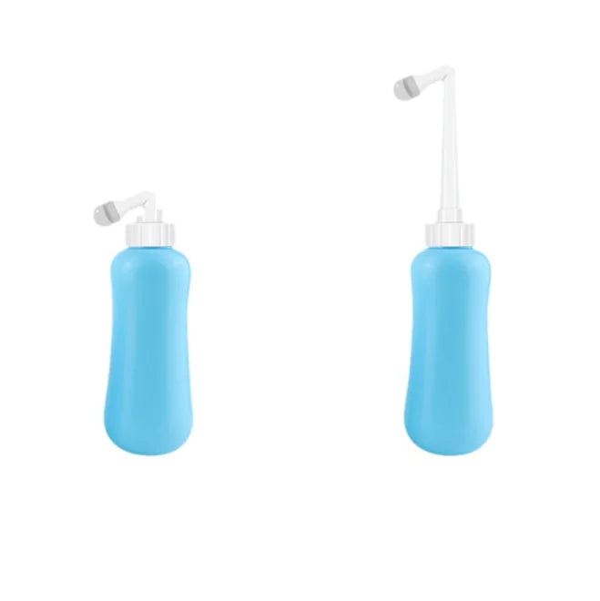 Two blue irrigation devices that are portable bidets. have screw on top and long neck so you can gently wash personal areas when needed