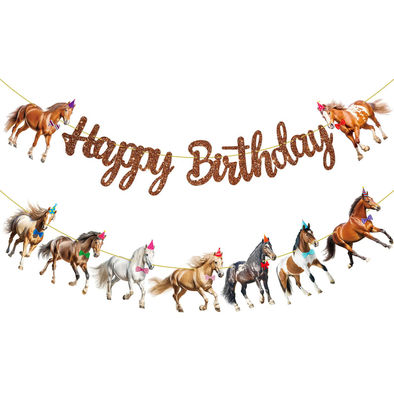 Happy Birthday banner with horse designs on a white background