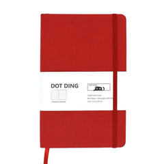 Red notebook with a white label on a white background