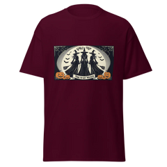 Maroon t-shirt with Halloween-themed graphic of Three witches facing the full moon, brooms in had, stating GIrls Trip, Time to get Wicked