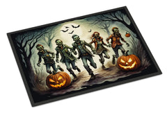 Halloween-themed doormat with zombies and pumpkins in a dark forest setting.