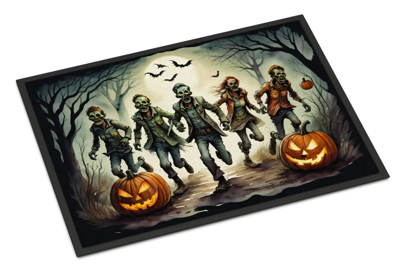 Halloween-themed doormat with zombies and pumpkins in a dark forest setting.