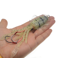 Fishing lure held in a hand on a white background