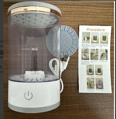Clear container with white base on a wooden surface, accompanied by a procedure sheet.