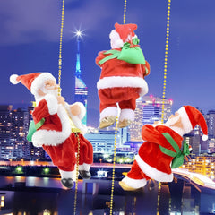 Three Santa Claus figurines Climbing ropes of golden beads against a city skyline at night.