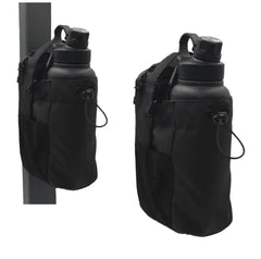 Black water bottles with carrying cases on a white background
