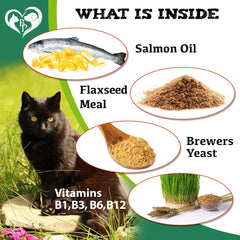 Cat with ingredients listed: Salmon Oil, Flaxseed Meal, Brewers Yeast, and Vitamins B1, B3, B6, B12.