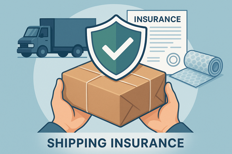pictures shows two cartoon hands holding a square brown parcel in the foreground, and beyond is a delivery truck and an insurance certificate and roll of bubble wrap. Shipping Insurance is the caption