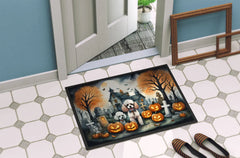 Halloween-themed doormat with Poodles, pumpkins, and a haunted house design.