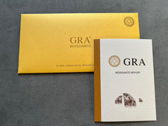 Yellow envelope and white report with 'GRA Moissanite' branding on a gray background