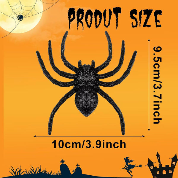 Picture of fake black spiders for Halloween decorations, shows size is 9.5 cm/3.7inches x 10cm/3.9 inches