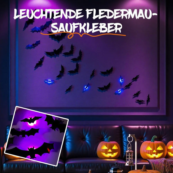 Halloween decorations in the form of bats, a few of them lit up, and jackolanterns sitting on a sofa