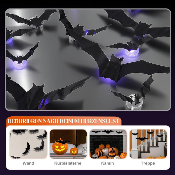 Halloween decorations in the form of bats with LED lights behind them