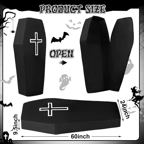 Pop up coffin for Halloween Decor pic shows product size 60 inch long by 9.5 inch deep and 24 inch wide