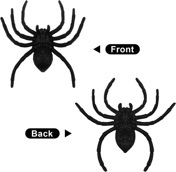Picture of fake black spiders for Halloween decorations, one showing front, one showing backview