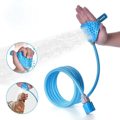 Blue handheld shower with a flexible hose, held by a hand, with close-up insets showing use on a dog.