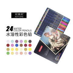 Set of NYONI watercolor pencils with a tin containing colored pencils and a sample painting on a white background.