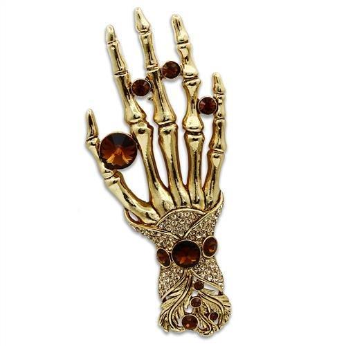 unique 'Jewel' encrusted Skeleton Hand Brooch is crafted from white metal with a gold finish