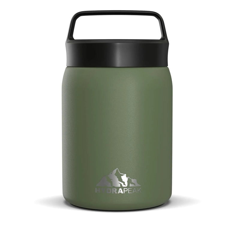 Green Hydrapeak thermos with black lid on a white background