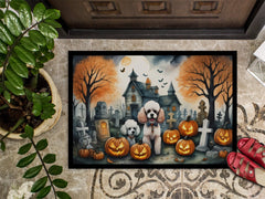 Halloween-themed doormat with Poodles, pumpkins, and a haunted house design.