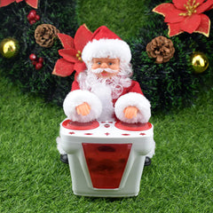 Santa Claus figurine DJ with Christmas decorations in the background