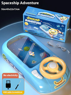Toy spaceship control panel with steering wheel and screen, next to its packaging labeled 'Spaceship Adventure'.