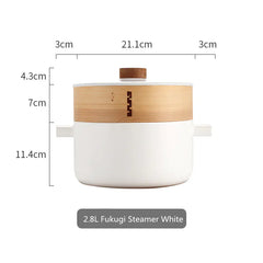 White Morandi steamer pot with wooden lid and dimensions on a white background