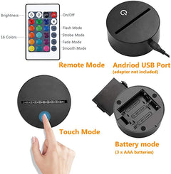 LED light control panel with remote, Android USB port, touch mode, and battery mode on a white background.