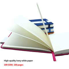 Open notebook with high-quality ivory white paper, 100 GSM, 160 pages, on a white background.