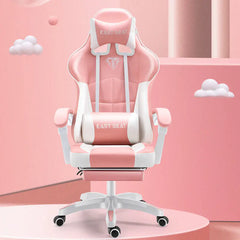 Pink and white gaming chair with 'EAST SEAT' branding on a pink background