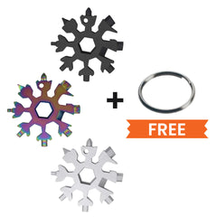 Set of snowflake-shaped tools with a free keychain on a white background