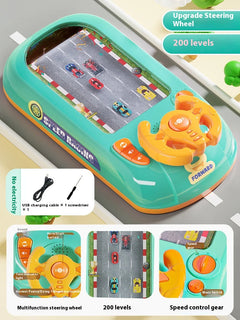 Toy racing game console with steering wheel and screen displaying a racing game.