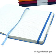 Open notebook with blue elastic band closure on a white background