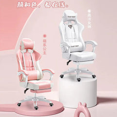Two gaming chairs, one pink and one white, on a pink background with text.