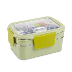 Green Bento lunch box with a yellow handle and cartoon animals on lid
