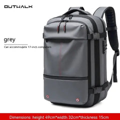 Gray backpack with black straps on a white background, featuring the brand 'OUTWALK'.