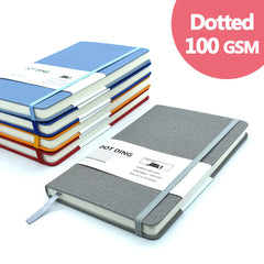 Stack of notebooks with gray cover and 'Dot Ding' branding on a white background