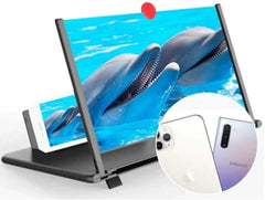 Phone stand with screen magnification feature displaying dolphins, with a close-up of a Samsung phone and an iphone.
