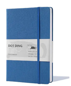 Blue notebook with a visible brand label on a white background