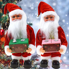 Two Santa Claus figurines holding Christmas presents with a festive background.